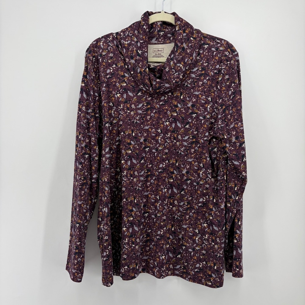 L.L. Bean Womens XL Deep Fig Cowl Neck Tee Supima Cotton Long Sleeve Floral